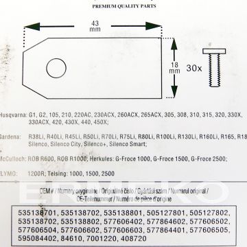 Set cutite (30 buc./set) robot tuns gazon HUSQVARNA G1, G2, 105, 210, 220AC, 230ACX, 260ACX, 265ACX, 305, 308, 310, 315, 320, 330X, 330ACX, 420, 430X, 440, 450X; Gardena: R38Li, R40Li