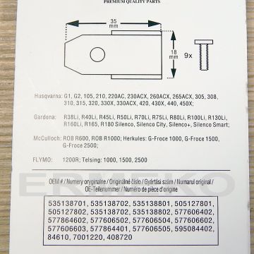 Set cutite (9 cutite + 9 suruburi) pentru robot tuns gazon HUSQVARNA G1, G2, 105, 210, 220AC, 230ACX, 260ACX, 265ACX, 305, 308, 310, 315, 320, 330X, 330ACX, 420, 430X, 440, 450X